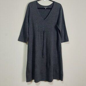 Eileen Fisher 100% Merino Wool Midi Sweater Dress Large Gray V-Neck Drawstring